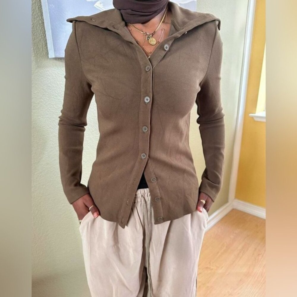 Oak  fort brown button up cardigan day 2 nite stretch long sleeve
